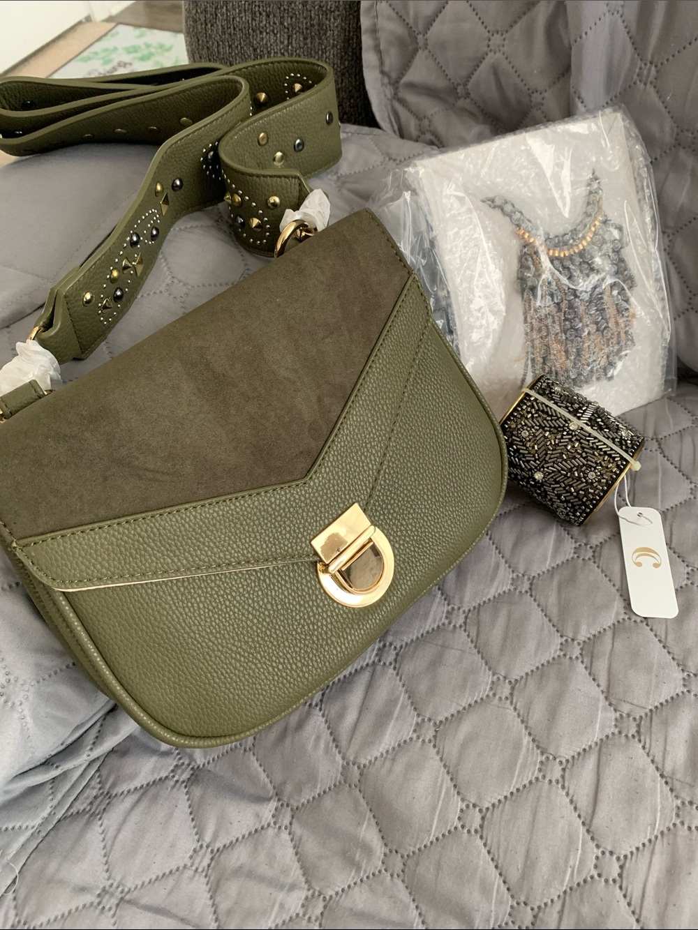 Olive Green Crossbody Saddle Bag with Gold D-Ring Closure